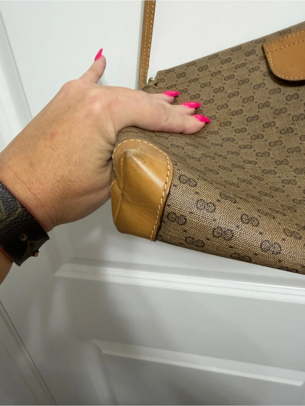 Gucci Brown GG Canvas Shoulder Bag with Tan Leather Trim